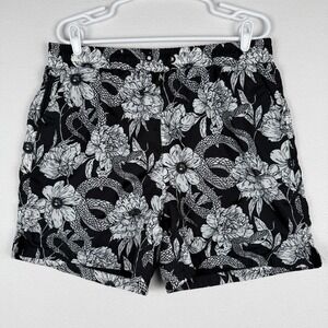 Maison Article Mens XL Floral Snake Print Swim Trunks Black White Mesh Lined